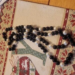 Black and Cream long Beaded Necklace costume jewelry